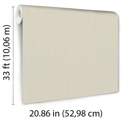 Beige linen-textured wallpaper roll, 33 ft long by 20.86 in wide; neutral fabric-look finish.
