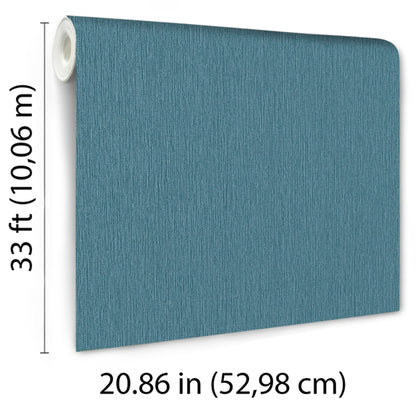 Teal blue textured fabric wallpaper panel on a roll, white core visible, 20.86 in wide by 33 ft long.