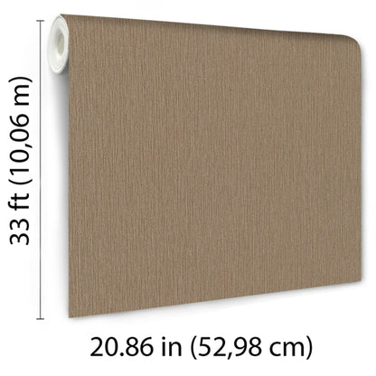 Brown textured wallpaper roll with beige woven finish, 20.86 in wide by 33 ft long.