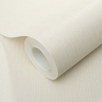 Cream textured wallpaper roll with subtle vertical grain, slightly unrolled for wall decor.