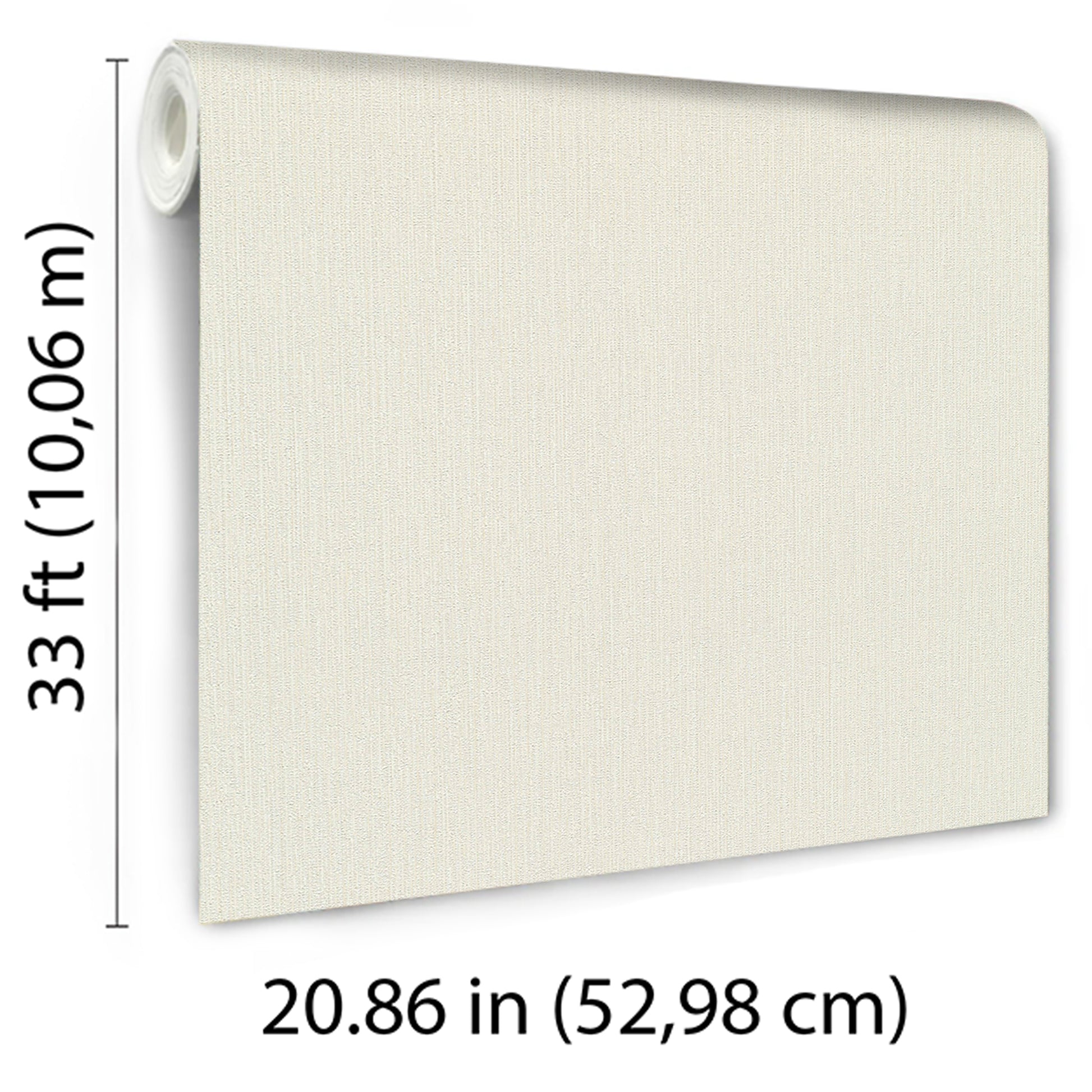 Cream linen-textured wallpaper roll, 33 ft long by 20.86 in wide, beige fabric-like wall covering.