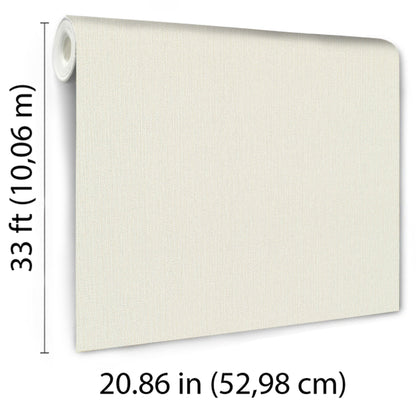 Cream linen-textured wallpaper roll, 33 ft long by 20.86 in wide, beige fabric-like wall covering.