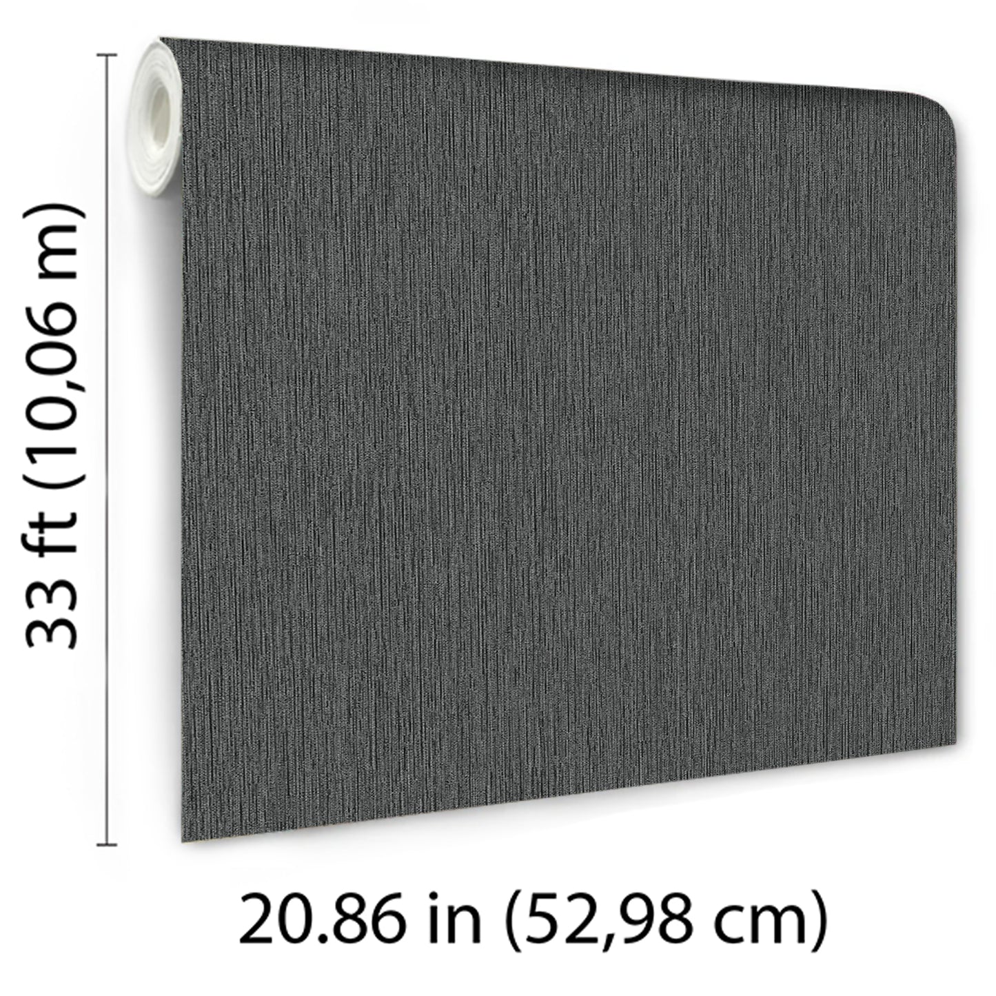Dark gray textured fabric roll-down wall panel with white roller on left, 20.86 in wide by 33 ft tall