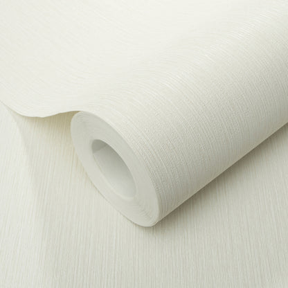 White textured wallpaper roll with linen-like grain, partly unrolled.