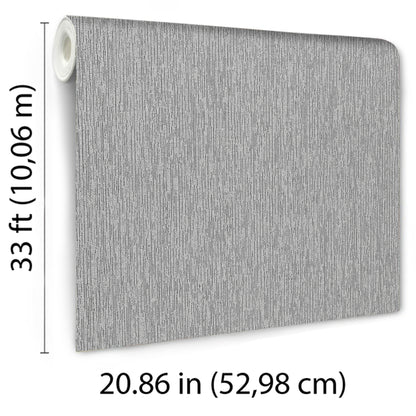 Gray textured wallpaper roll with woven pattern, 20.86 in wide by 33 ft long.