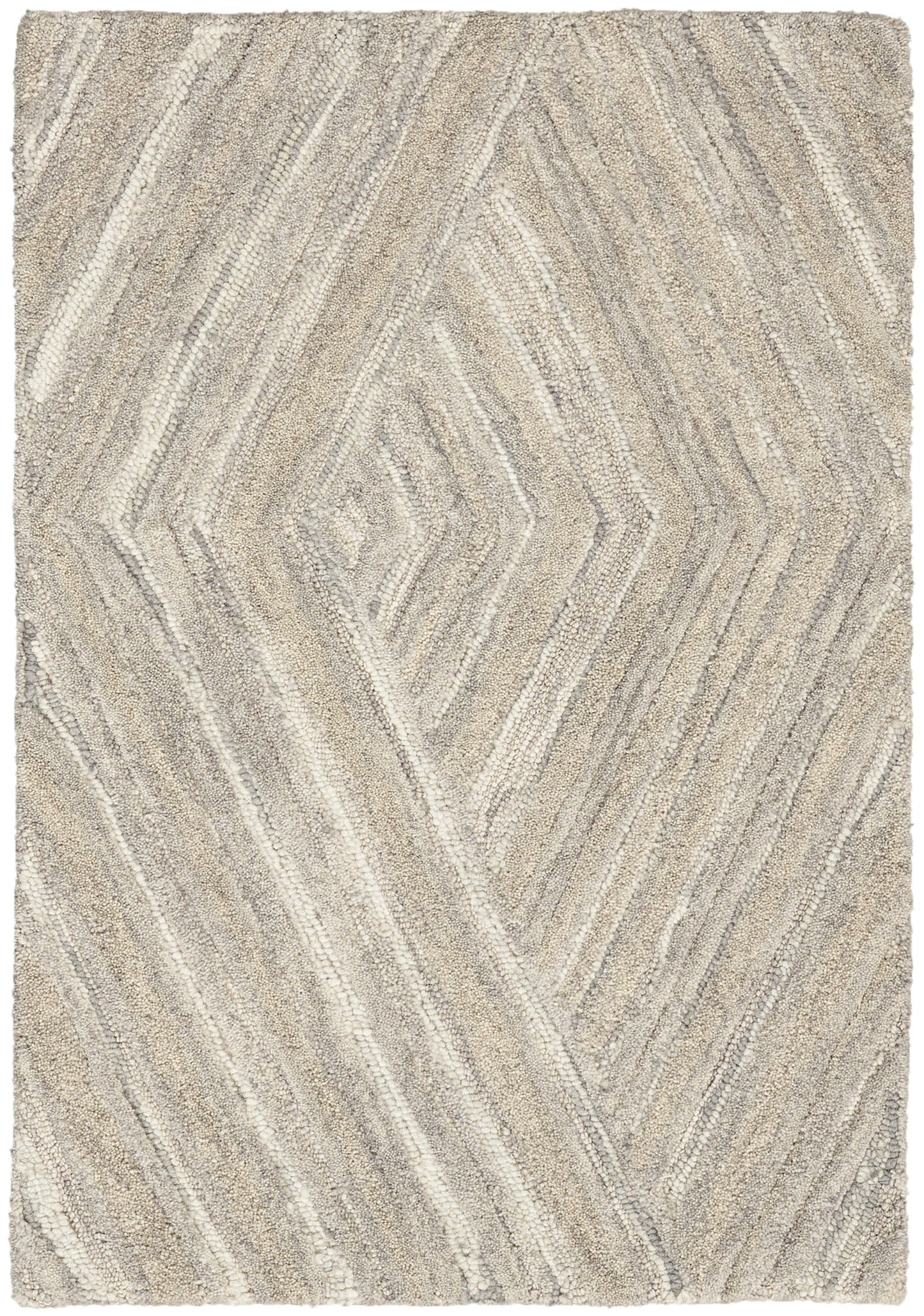 Beige and cream geometric shag rug with chevron/diamond pattern, soft textured pile, neutral tones.