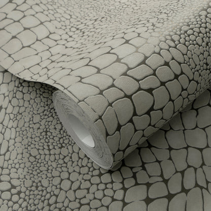 Gray pebble-pattern wallpaper roll with rounded stone shapes for a modern, textured wall covering.