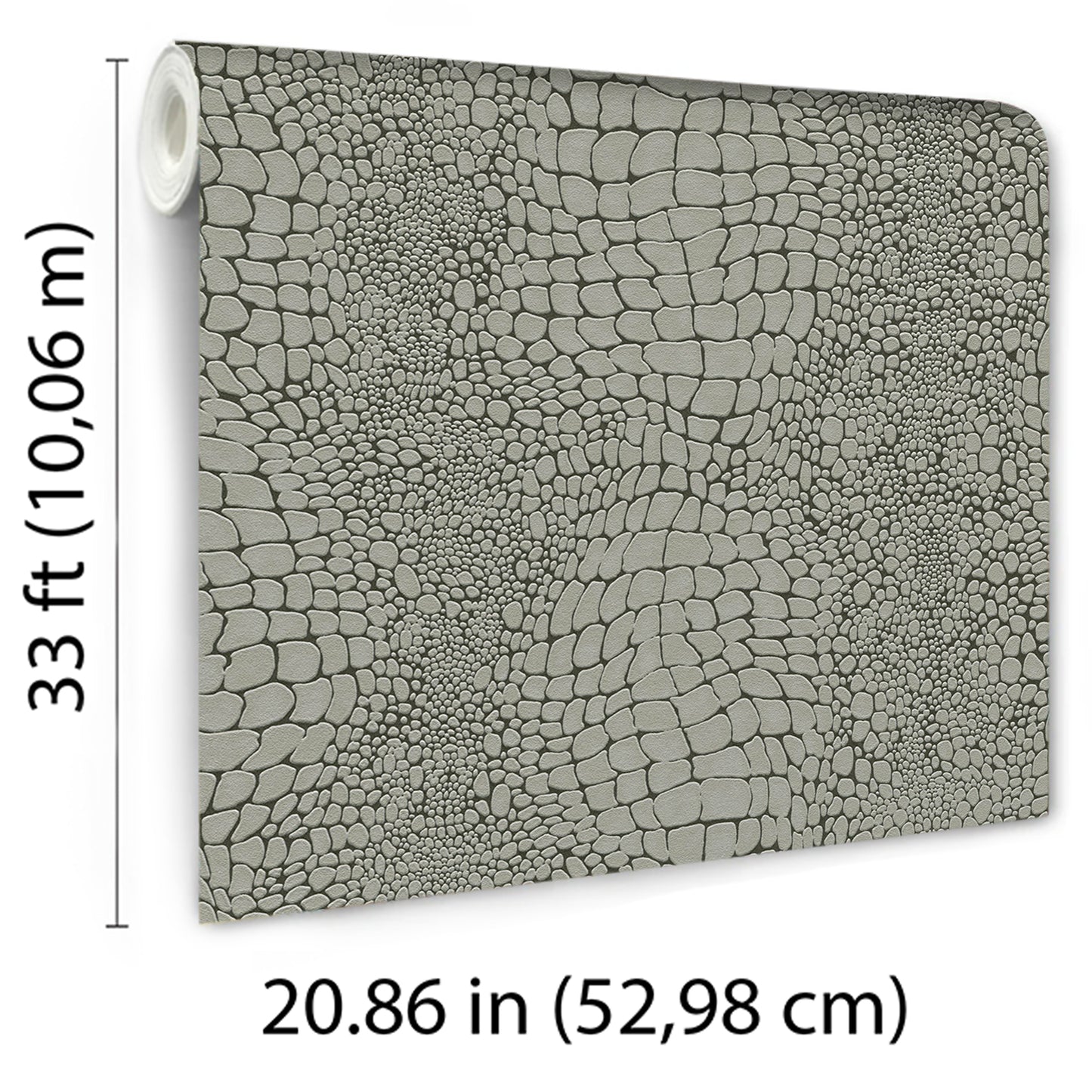 Grey crocodile-skin embossed wallpaper roll; 33 ft long x 20.86 in wide (10.06 m x 52.98 cm).