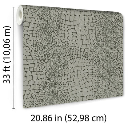 Grey crocodile-skin embossed wallpaper roll; 33 ft long x 20.86 in wide (10.06 m x 52.98 cm).