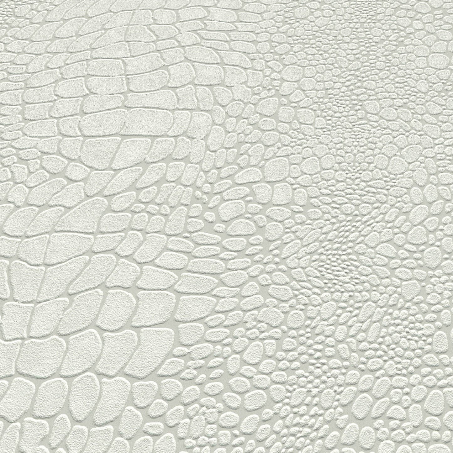 Cream embossed faux leather with crocodile-skin pattern of irregular rounded scales, smooth matte finish.