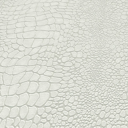 Cream embossed faux leather with crocodile-skin pattern of irregular rounded scales, smooth matte finish.