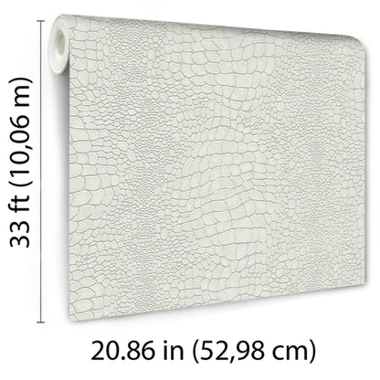 Cream ivory crocodile-embossed wallpaper roll; textured faux reptile pattern, 33 ft long, 20.86 in wide