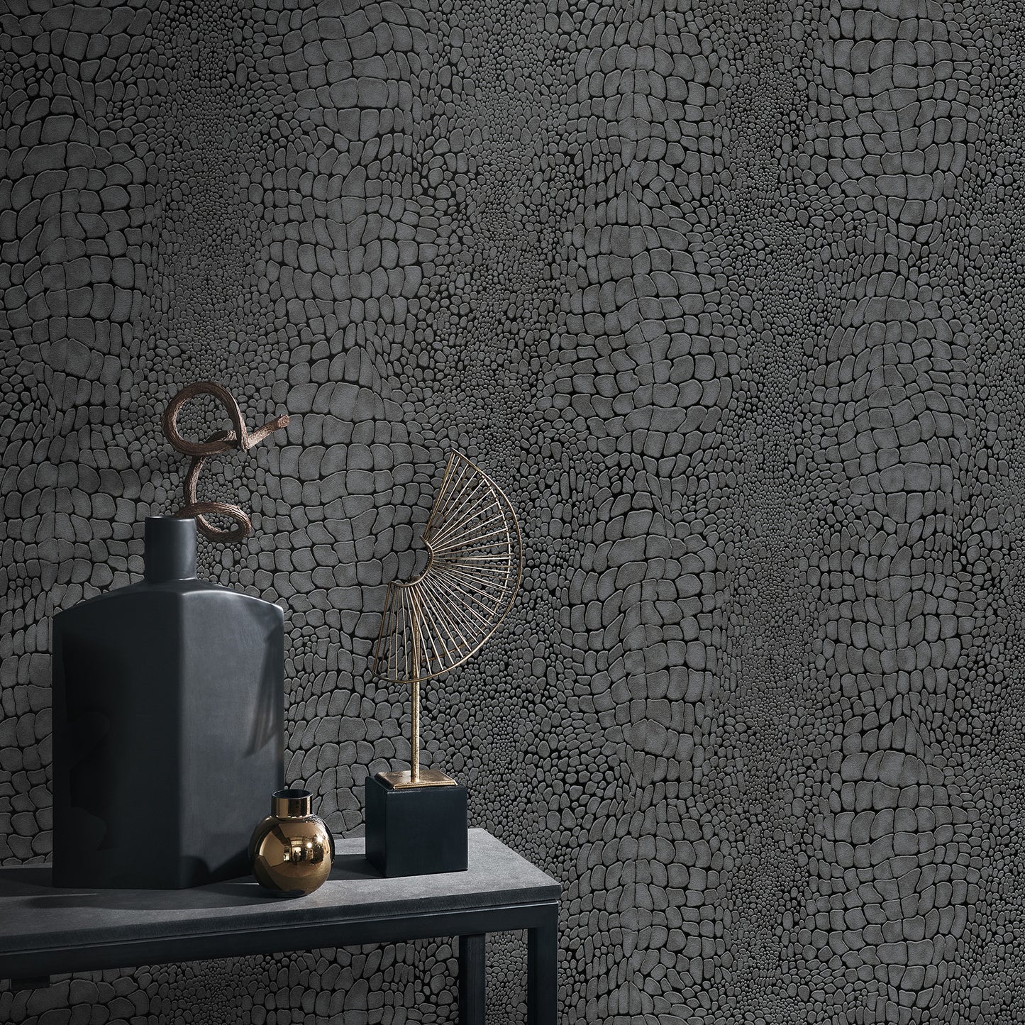 Dark black crocodile-skin wallpaper pattern.