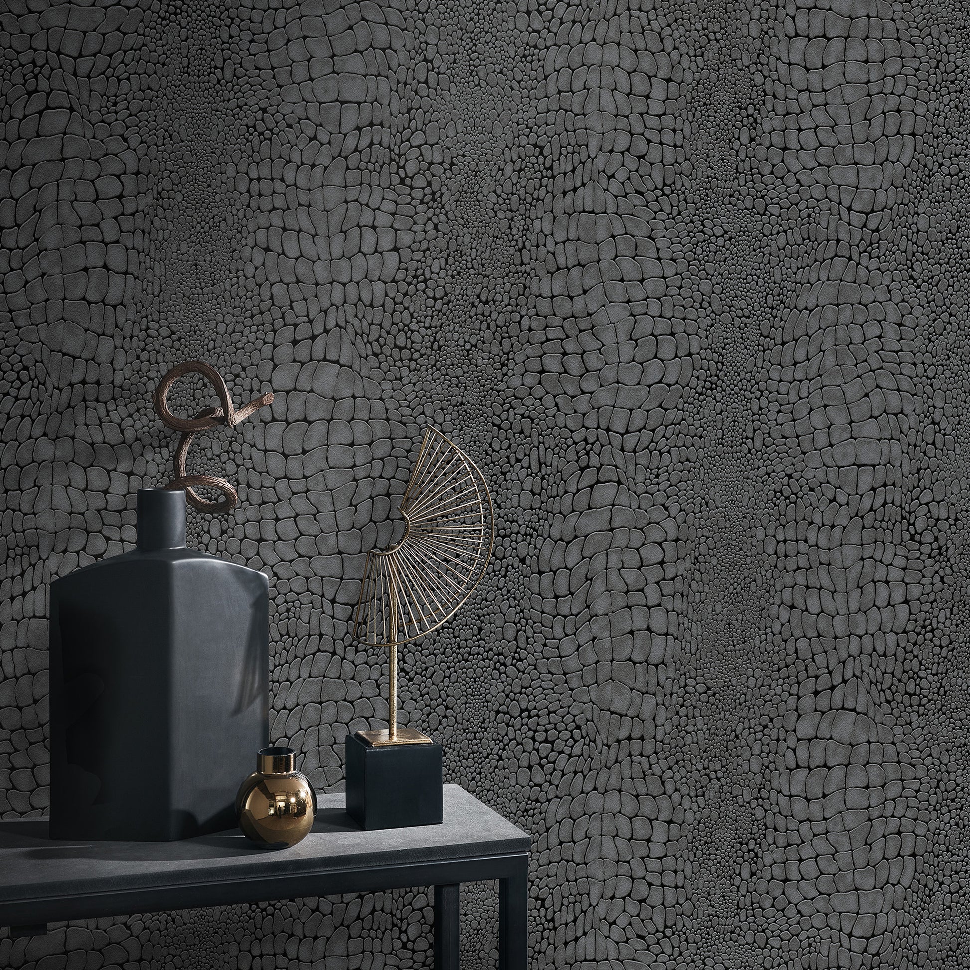 Dark black crocodile-skin wallpaper pattern.
