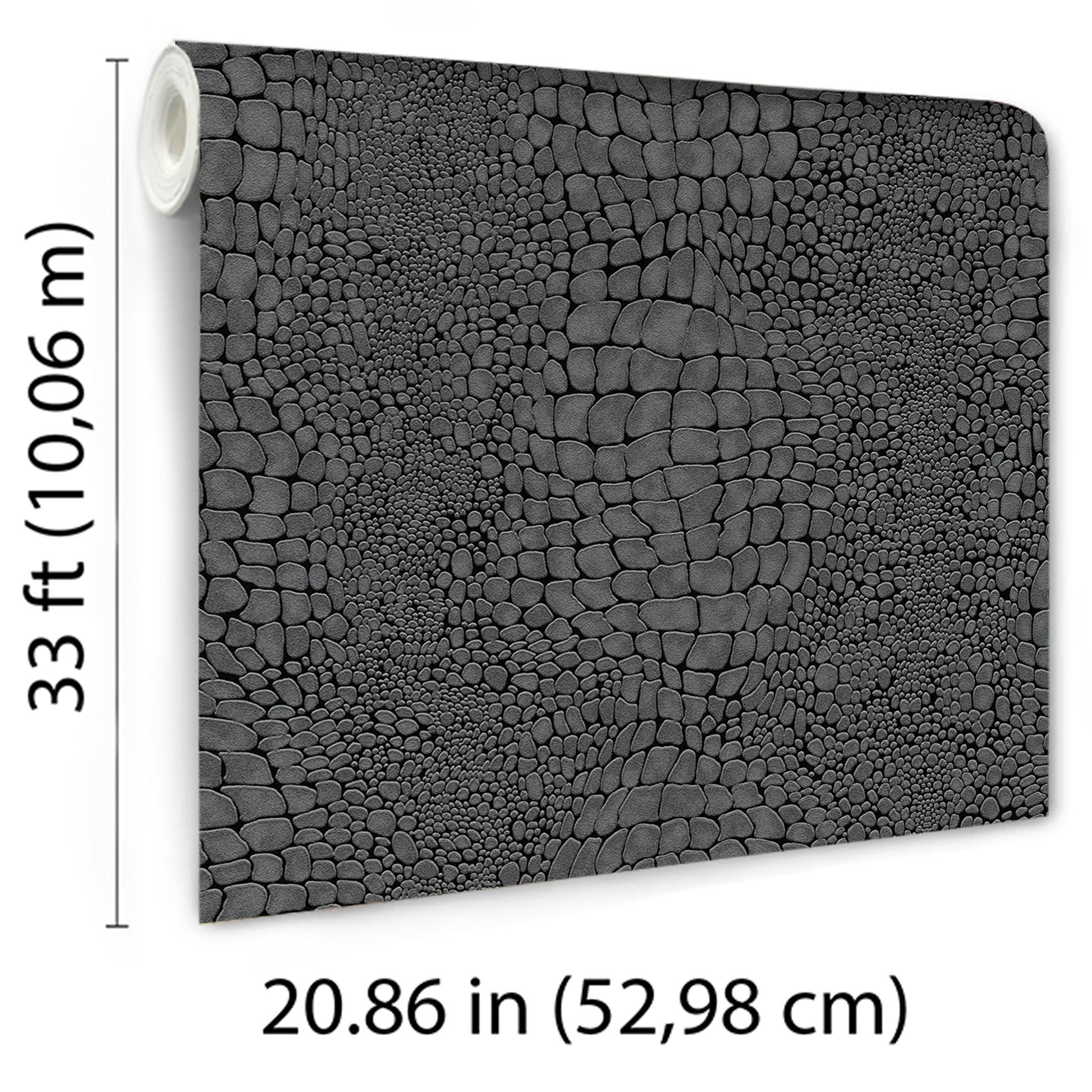Rolled crocodile-skin textured black wallpaper; dark reptile pattern for modern decor.