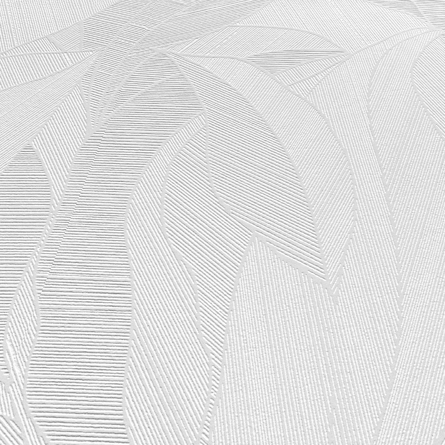 Light gray embossed wallpaper with abstract leaf pattern and fine linear texture.