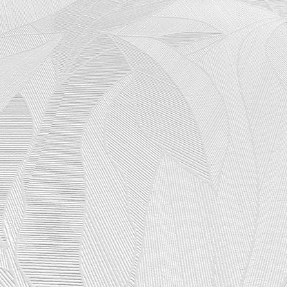 Light gray embossed wallpaper with abstract leaf pattern and fine linear texture.