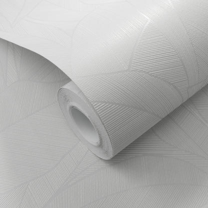 White wallpaper roll with a leaf pattern; rolled for wall decor.