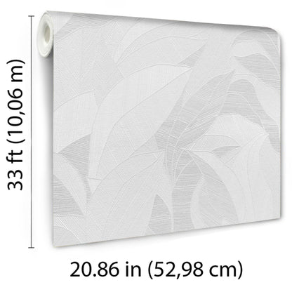 Rolled light gray leaf-pattern wallpaper with subtle texture, 33 ft long, 20.86 in wide.
