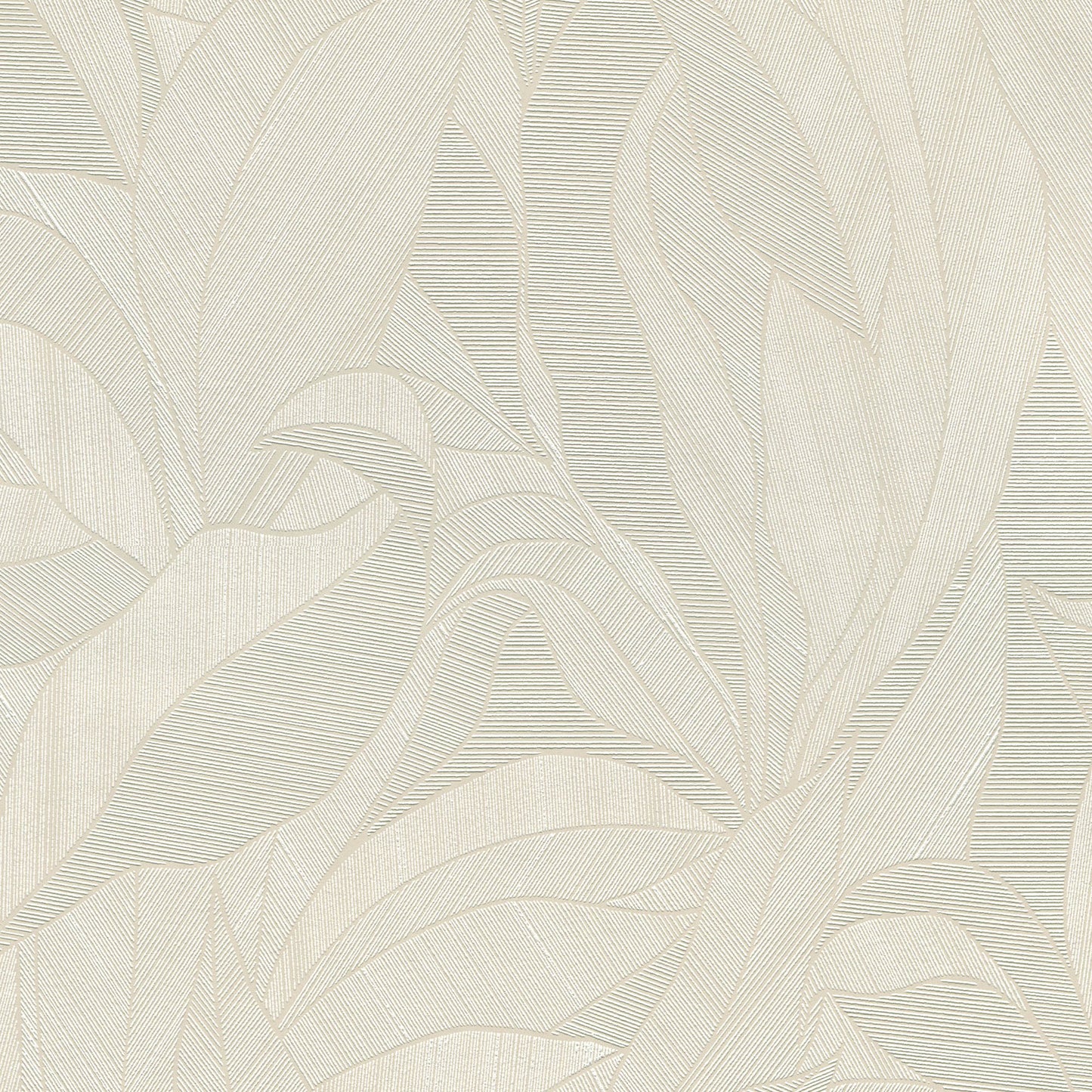 Creamy beige wallpaper with abstract leaf motif and fine linear textures.