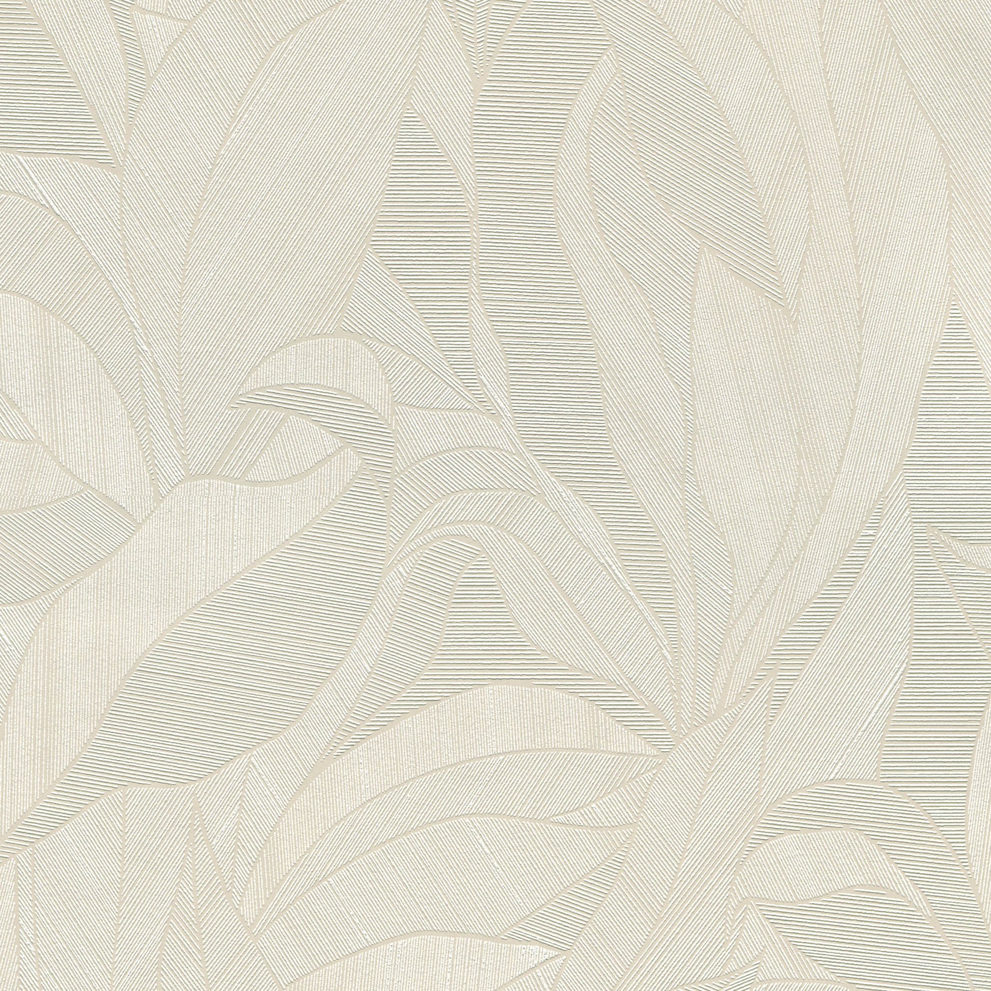 Creamy beige wallpaper with abstract leaf motif and fine linear textures.