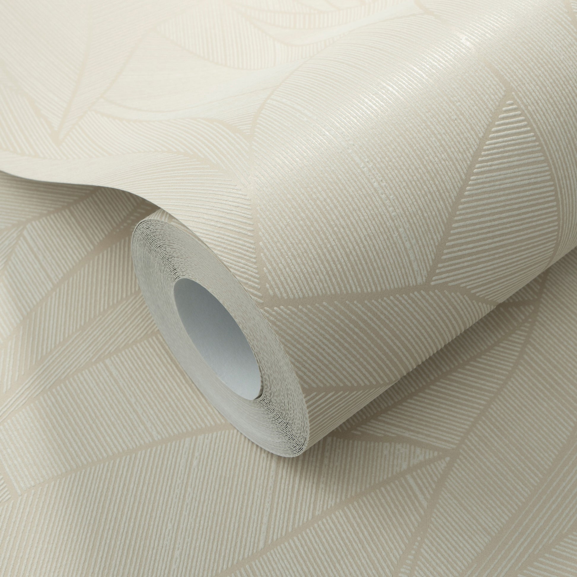 Beige textured wallpaper roll with subtle leaf motif and diagonal lines; vinyl wallcovering.