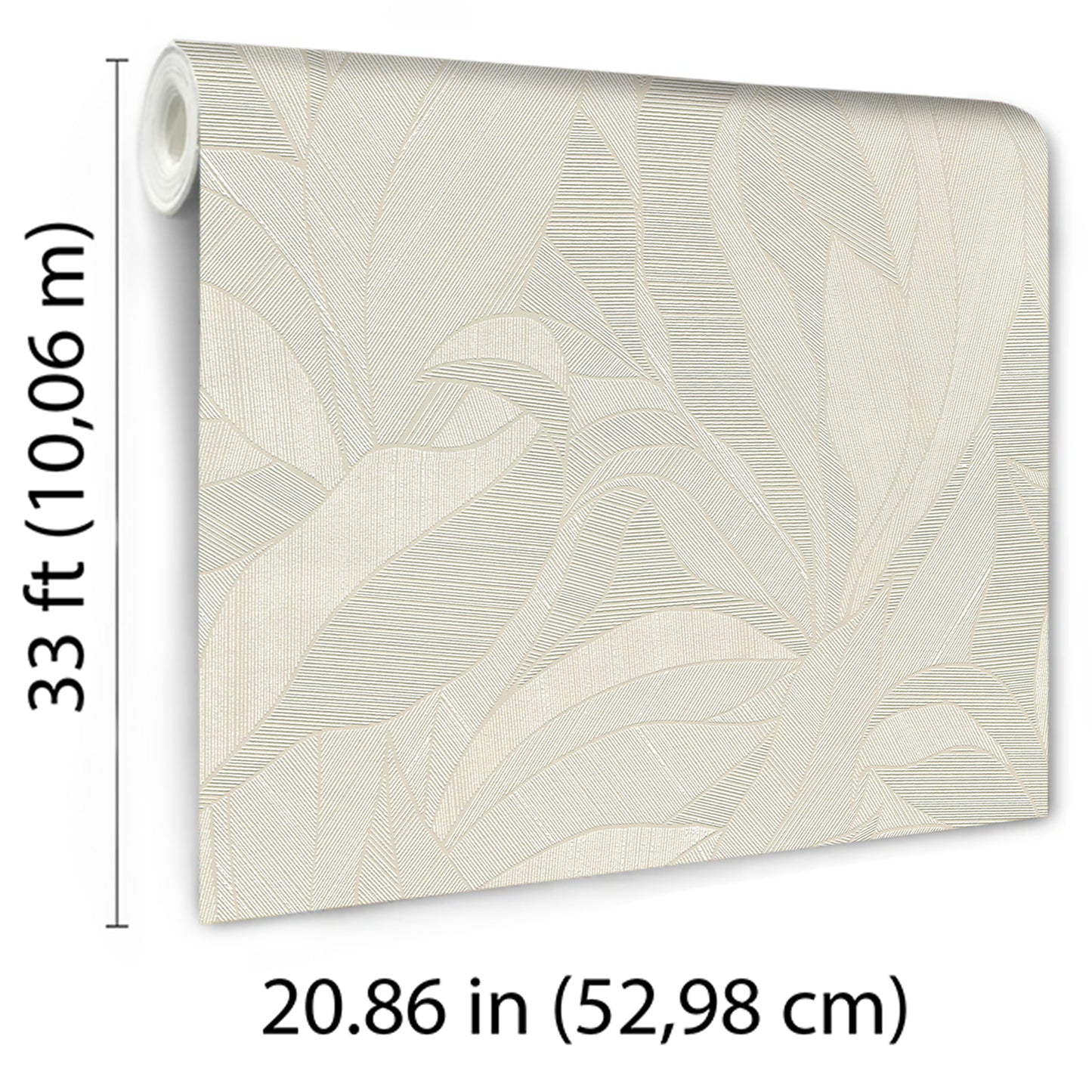 Cream botanical leaf wallpaper roll with embossed texture; size 20.86 in x 33 ft.