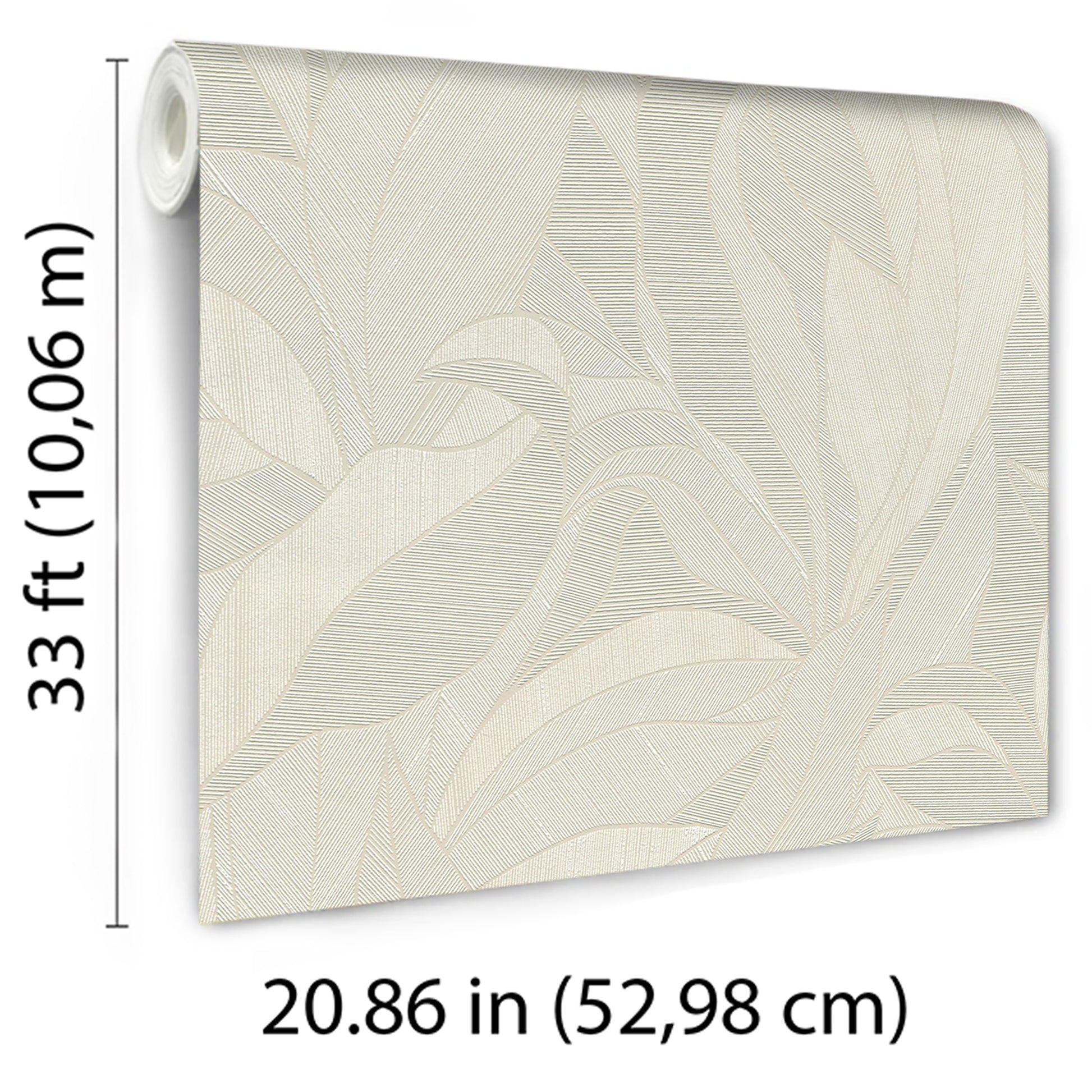 Cream botanical leaf wallpaper roll with embossed texture; size 20.86 in x 33 ft.