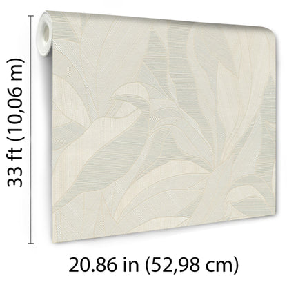 Cream botanical leaf wallpaper roll with embossed texture; size 20.86 in x 33 ft.