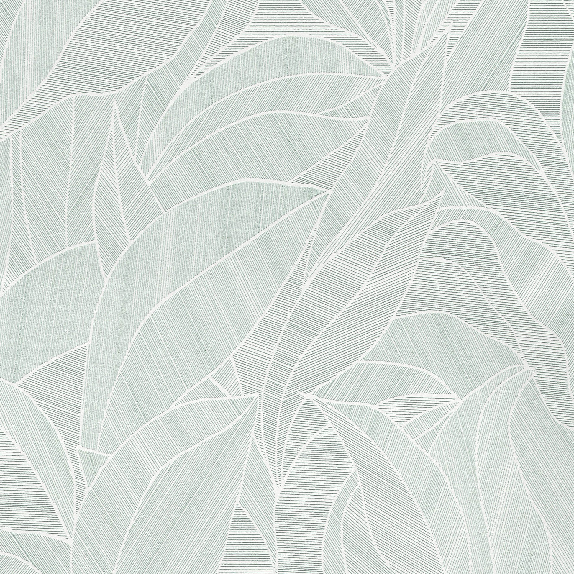 Mint green wallpaper with pale white linear leaf pattern for a tropical, organic look