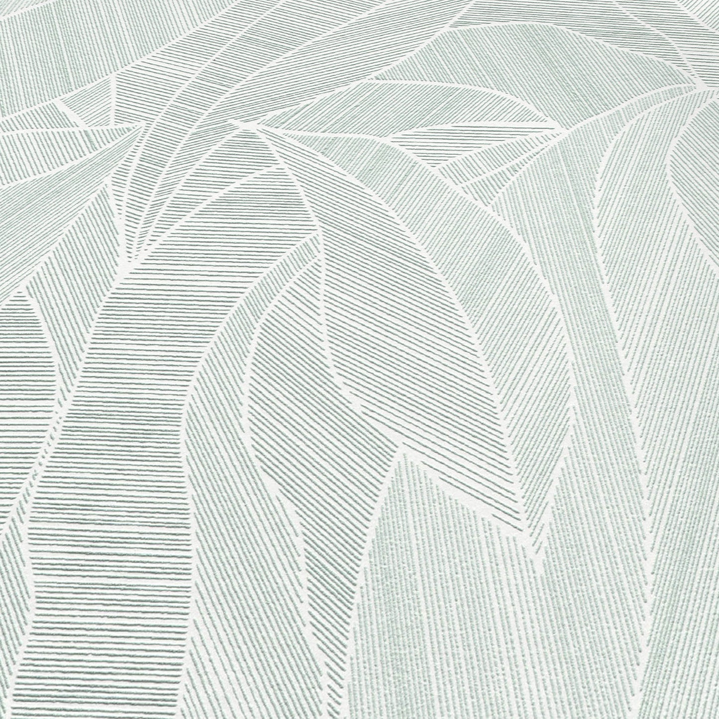 Green wallpaper with an abstract overlapping leaf design and fine linear detailing.