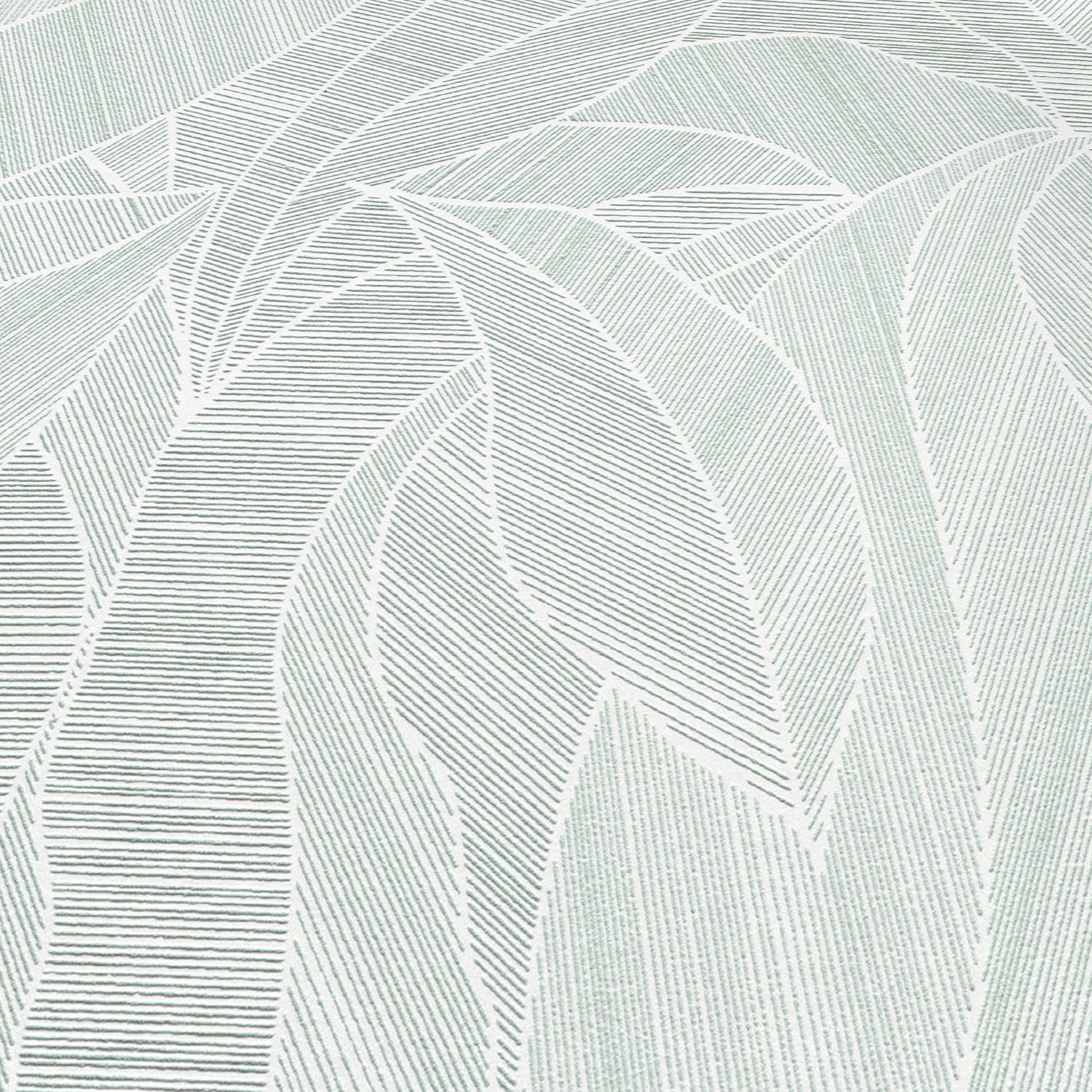 Green wallpaper with an abstract overlapping leaf design and fine linear detailing.