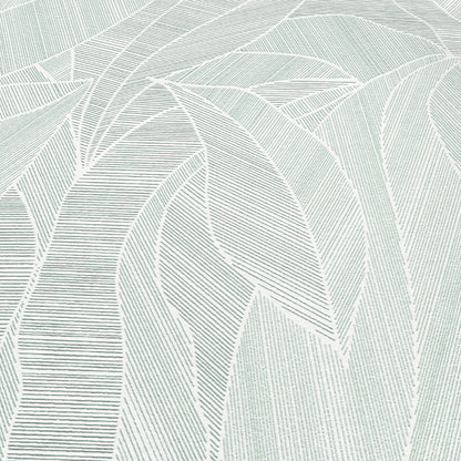 Green wallpaper with an abstract overlapping leaf design and fine linear detailing.