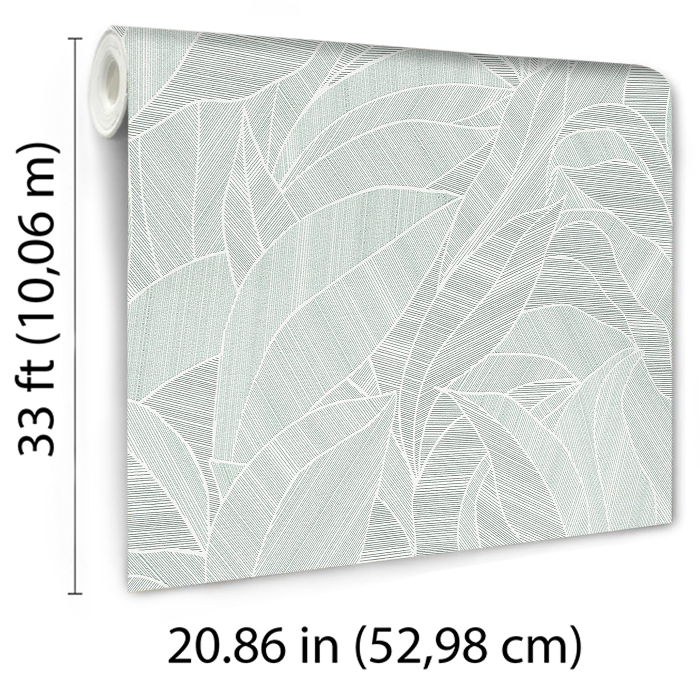 Green wallpaper roll with a pale teal leaf pattern; modern botanical design, mint-gray leaves, 52.98 cm wide.