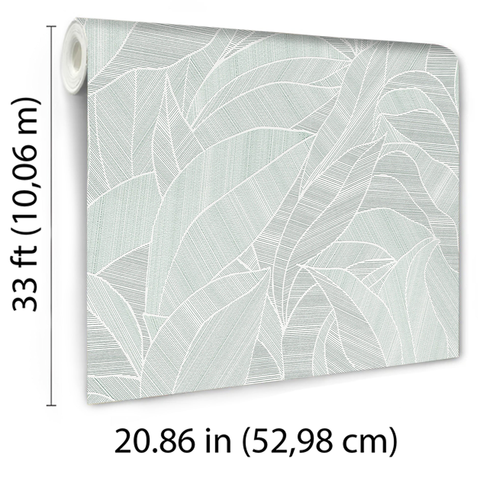 Green wallpaper roll with a pale teal leaf pattern; modern botanical design, mint-gray leaves, 52.98 cm wide.