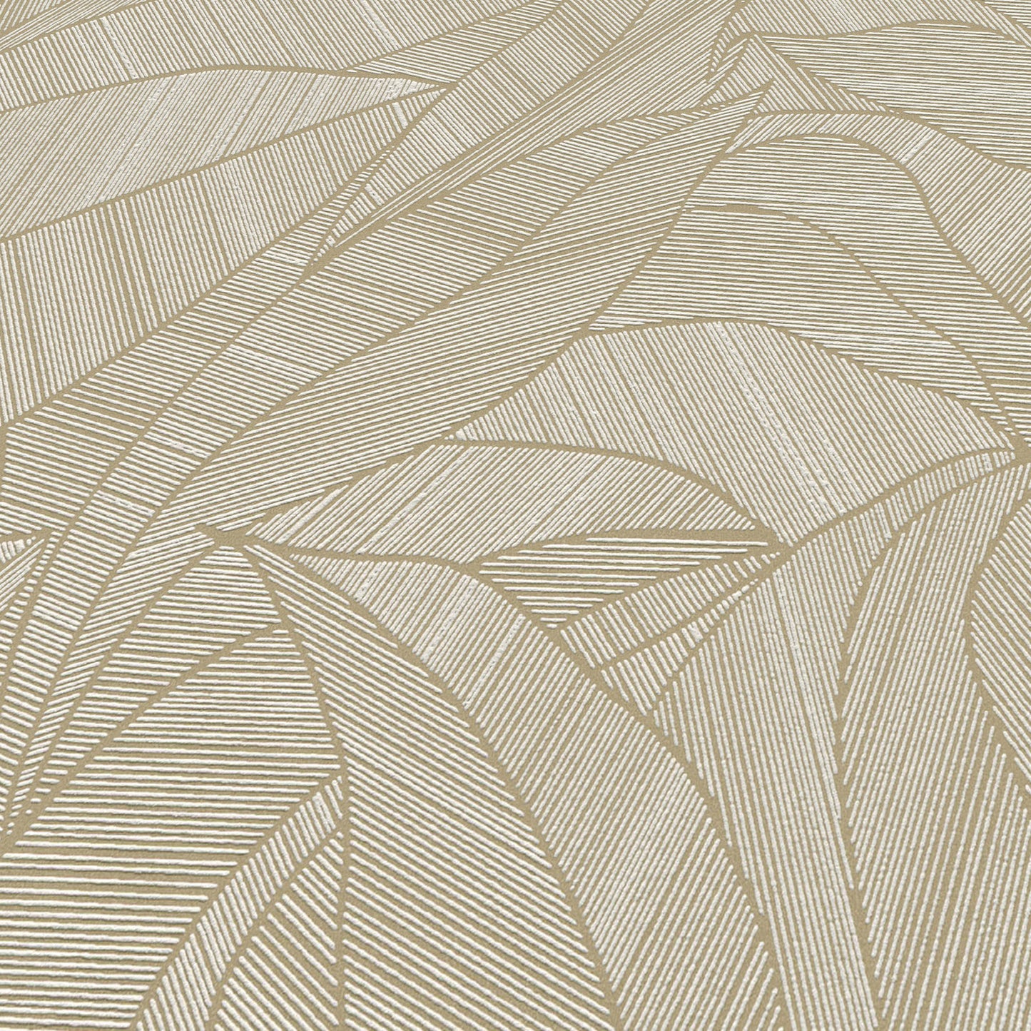 Beige wallpaper with abstract gold-toned leaf-inspired lines in curved geometric pattern and subtle texture.