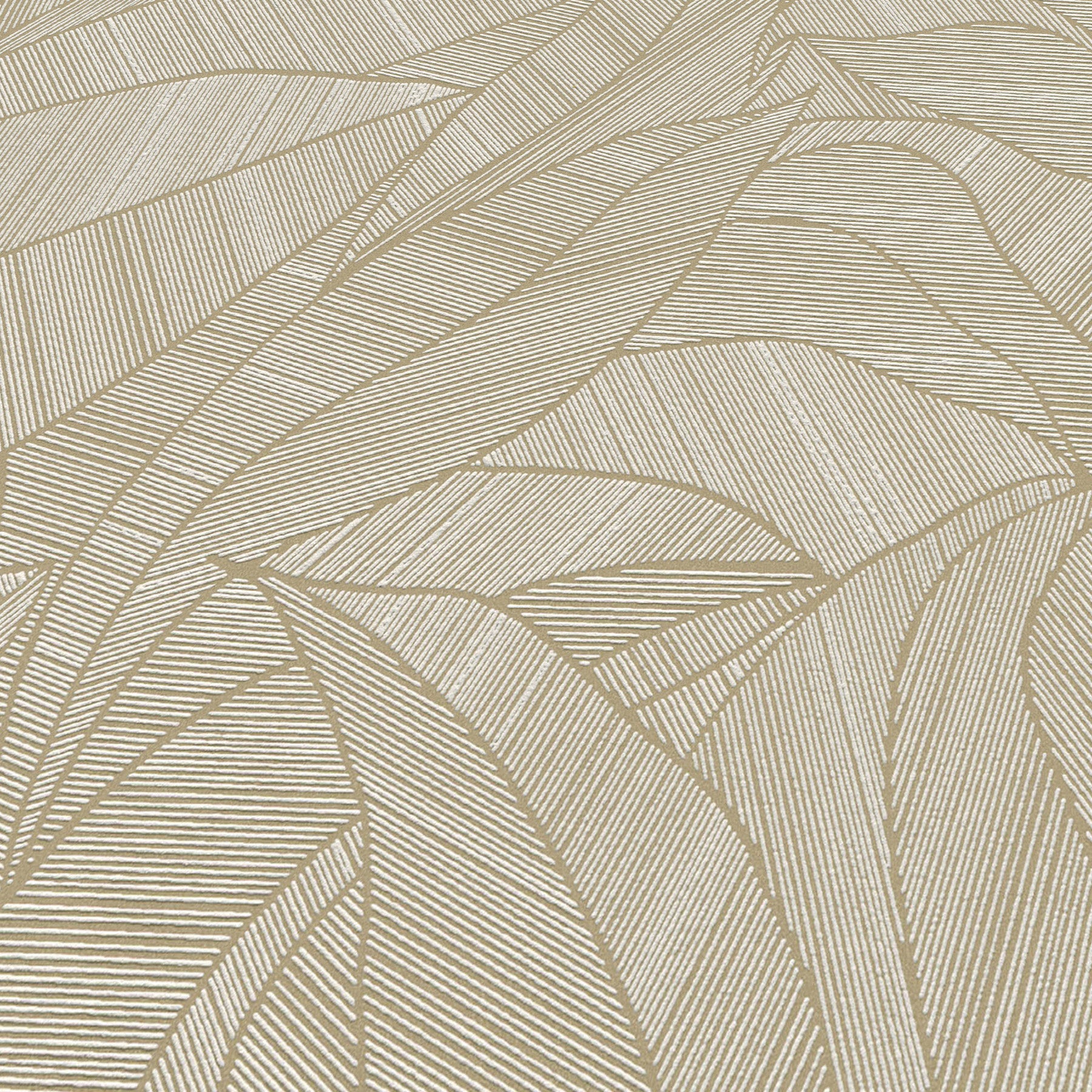 Beige wallpaper with abstract gold-toned leaf-inspired lines in curved geometric pattern and subtle texture.