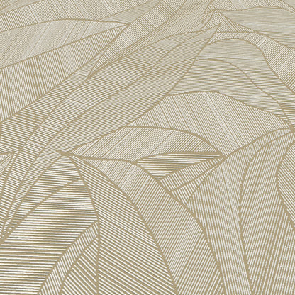 Beige wallpaper with abstract gold-toned leaf-inspired lines in curved geometric pattern and subtle texture.