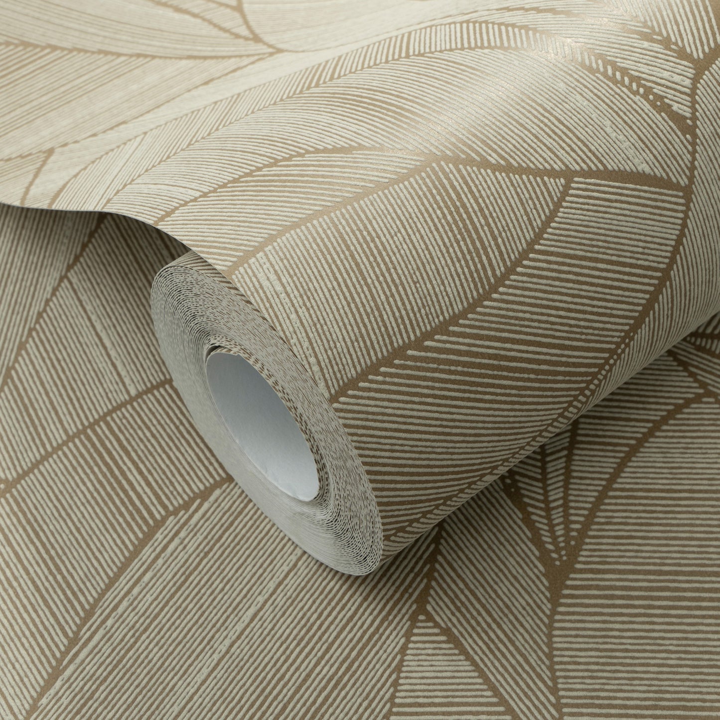 Beige wallpaper roll with taupe geometric leaf pattern, linen-textured surface and cardboard core.