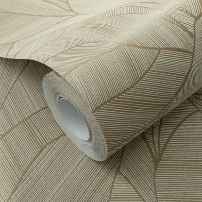 Beige wallpaper roll with taupe geometric leaf pattern, linen-textured surface and cardboard core.
