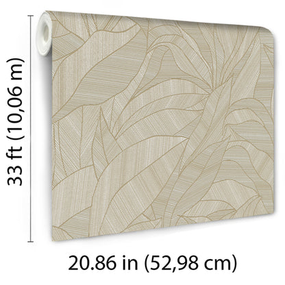 Beige leaf-pattern wallpaper roll with linen texture; neutral botanical design for living spaces.