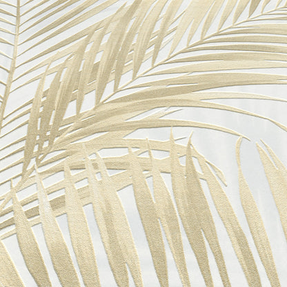Beige palm leaf pattern wallpaper with tropical fronds on a light ivory background.