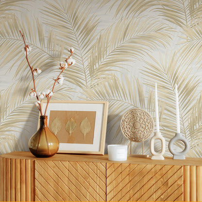 Beige wallpaper featuring a tropical palm leaf pattern.