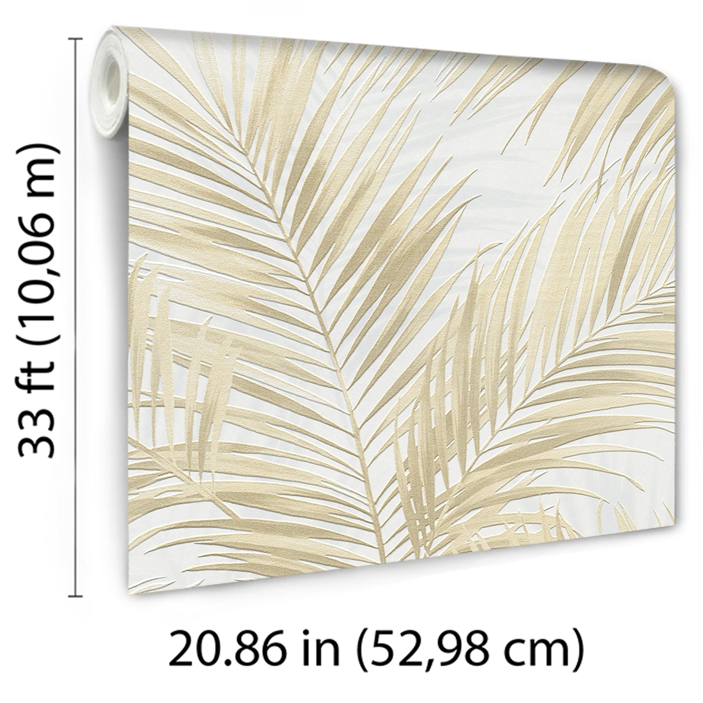 Beige palm leaf wallpaper roll with gold accents on white, tropical wall covering.