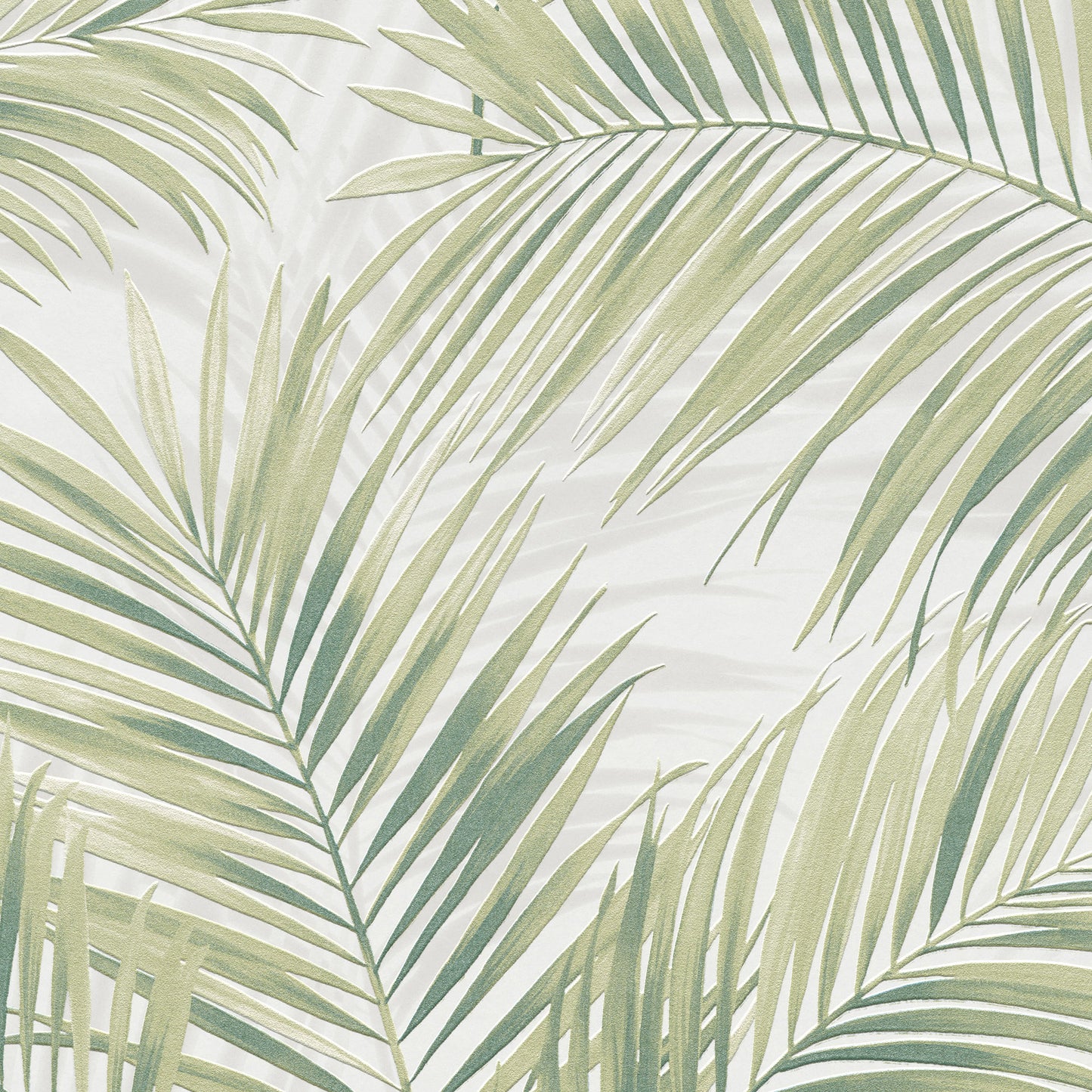Soft green palm fronds over pale beige background; tropical botanical pattern for wallpaper or fabric.