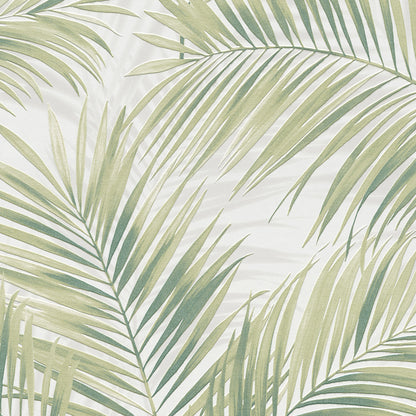 Soft green palm fronds over pale beige background; tropical botanical pattern for wallpaper or fabric.
