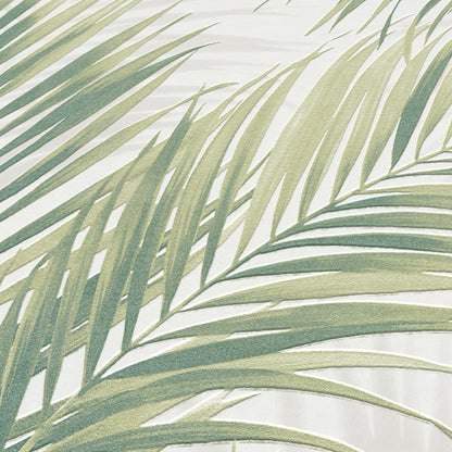 Watercolor-style green palm fronds pattern with overlapping leaves on a light background, tropical wallpaper.