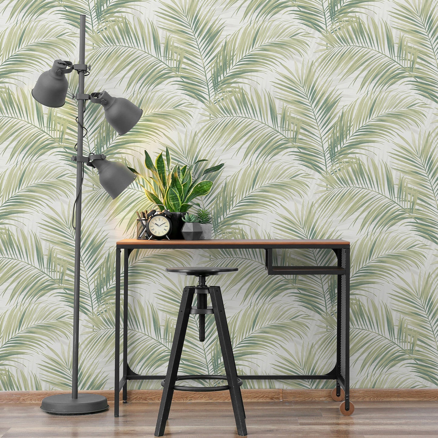 Palm green tropical wallpaper with a palm leaf pattern.