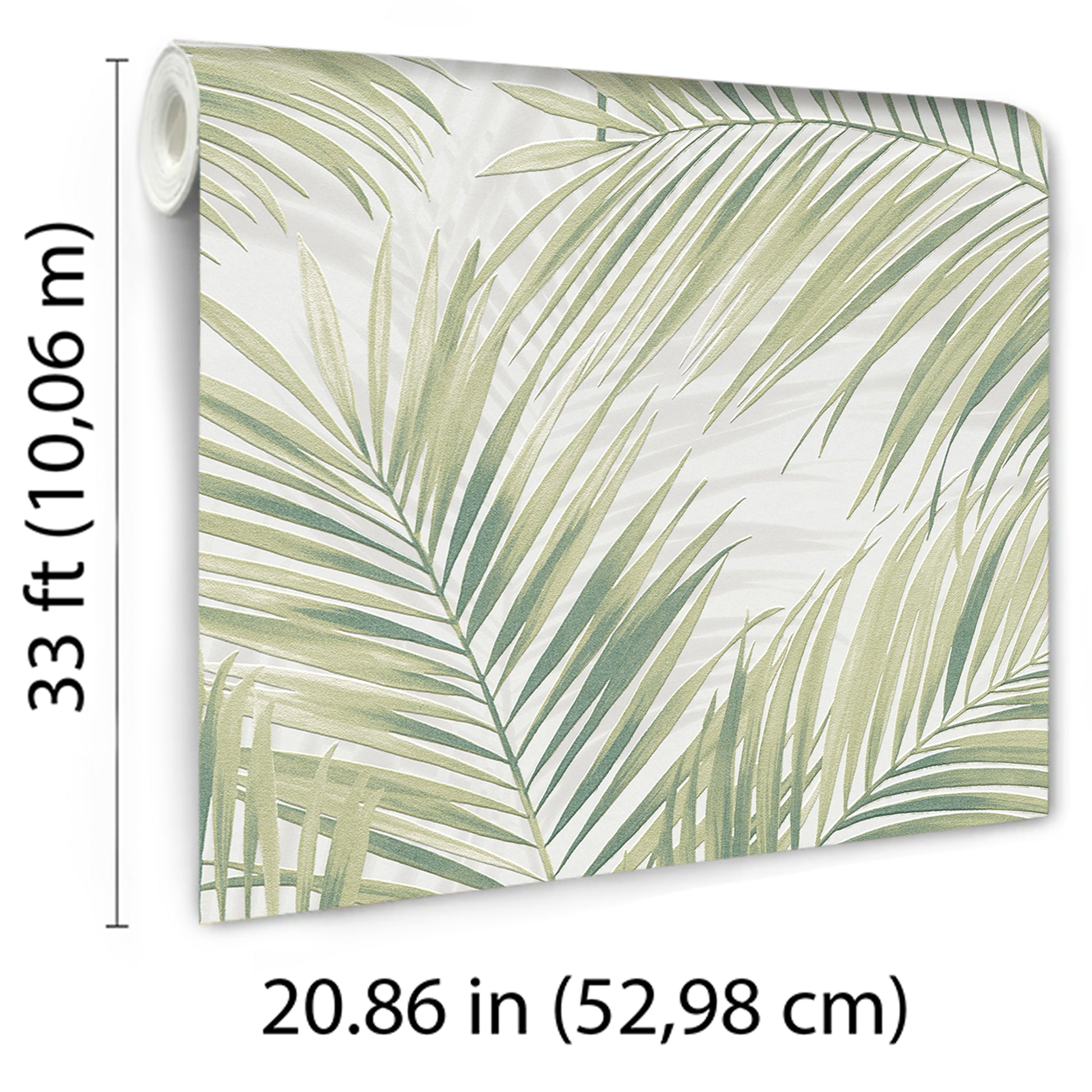 Rolled palm-leaf wallpaper with green olive leaves on white, tropical indoor decor sample.