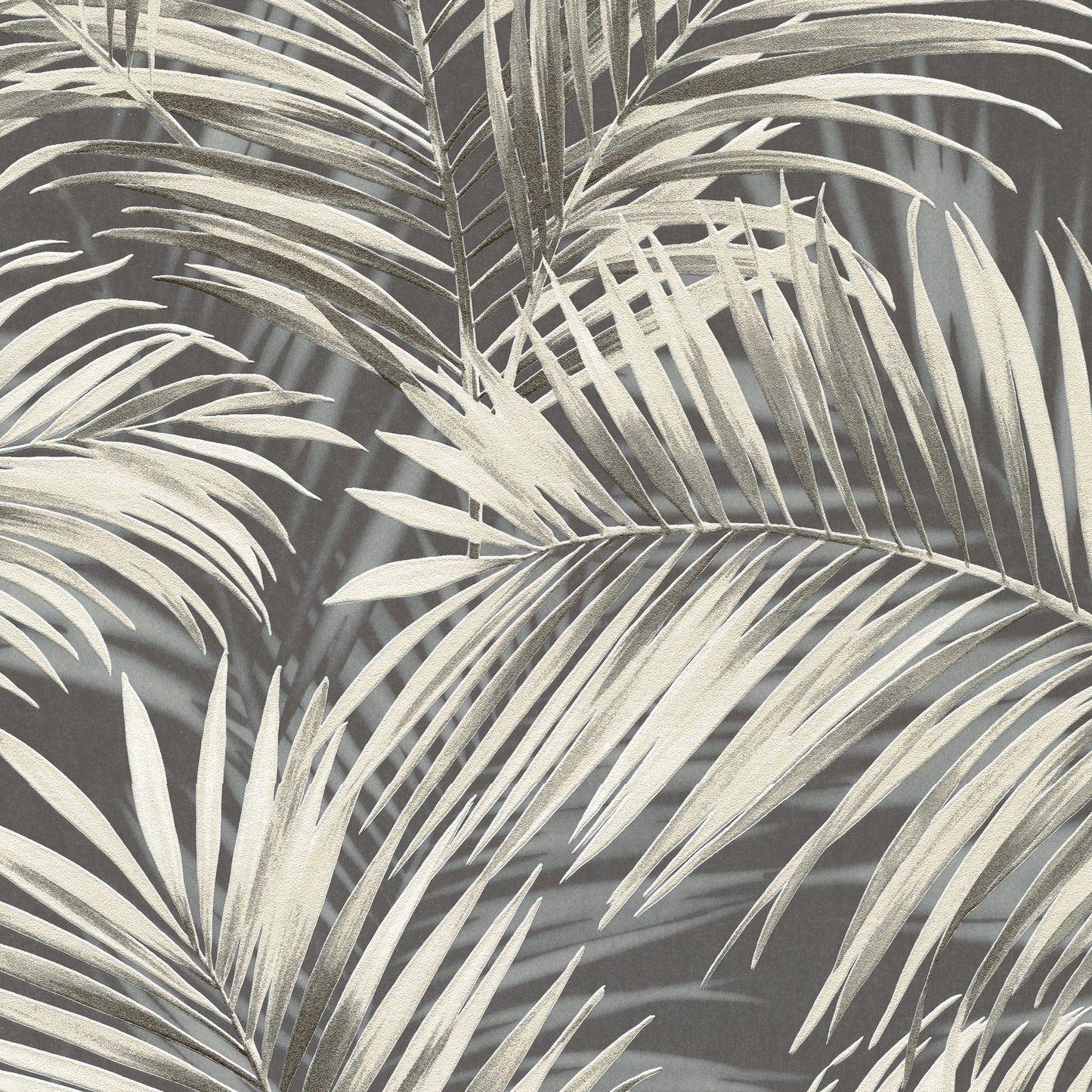 Monochrome grayscale palm leaf wallpaper pattern with overlapping fronds; tropical botanical design.